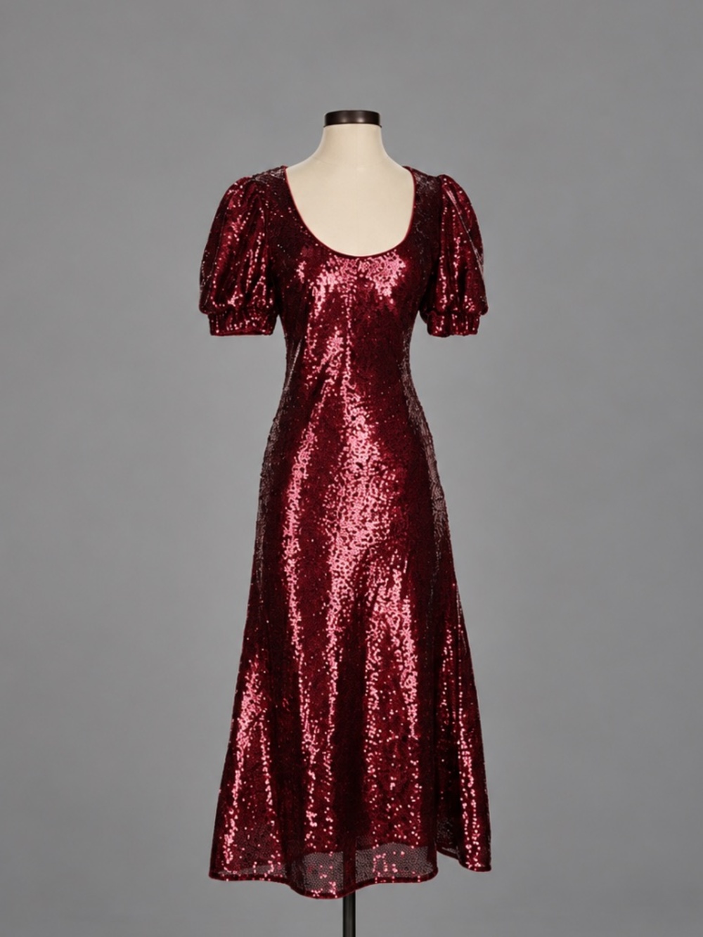 Keepsake Burgundy Sequin Puff Sleeve Midi Dress